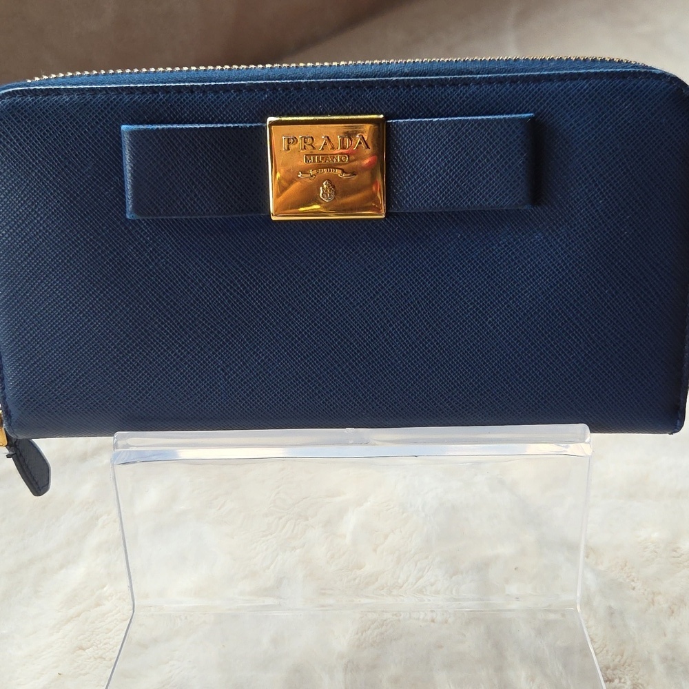 Prada Dark Blue Wallet with Gold Logo